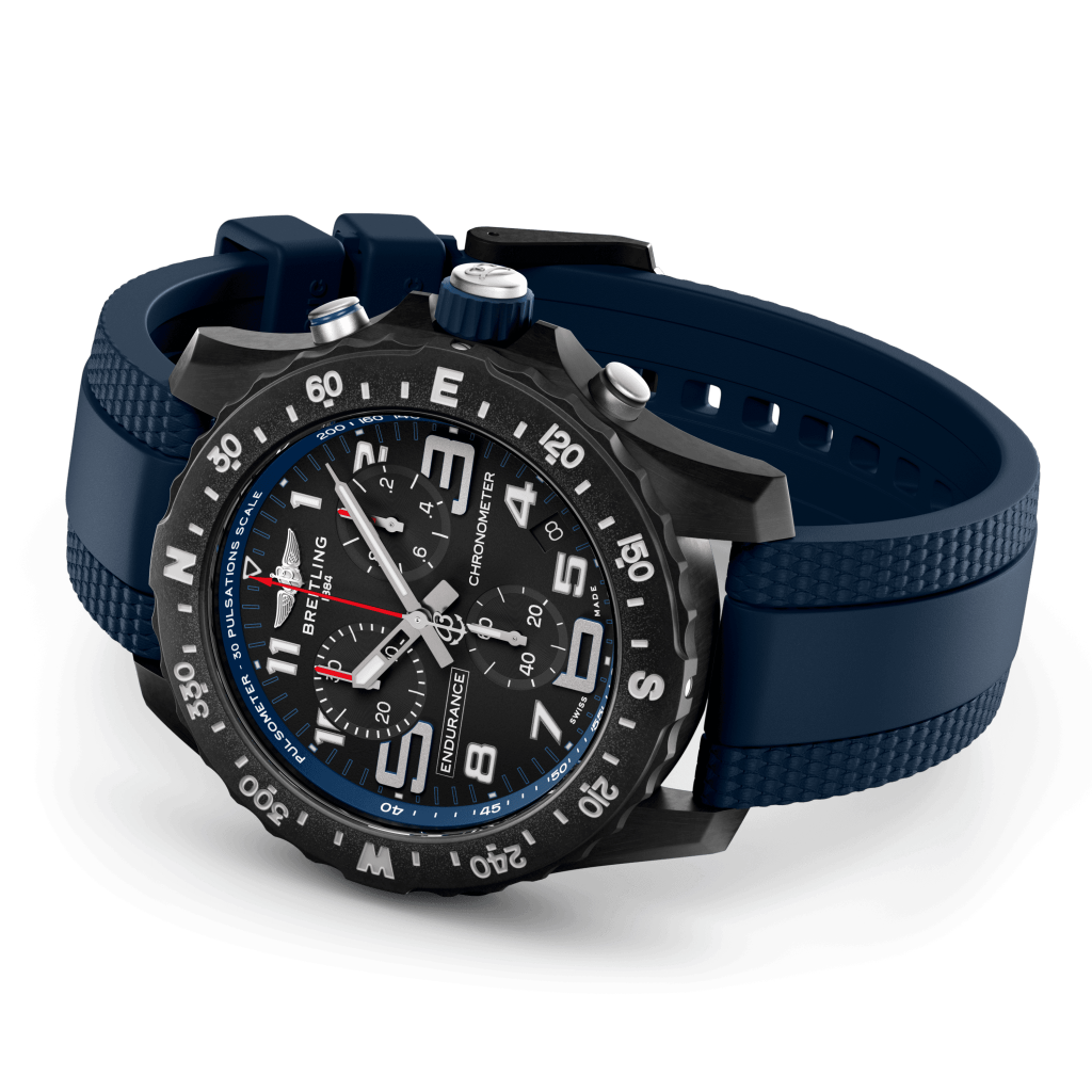relógio de lado endurance pro pulseira azul escura e mostrador preto