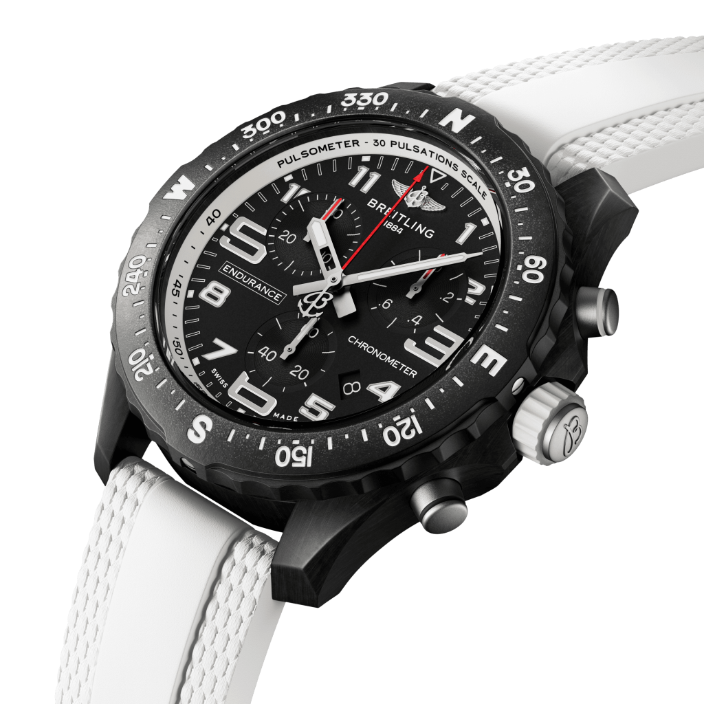 Pormenor mostrador preto do relógio 38mm Professional Endurance Pro pulseira silicone branca e caixa preta
