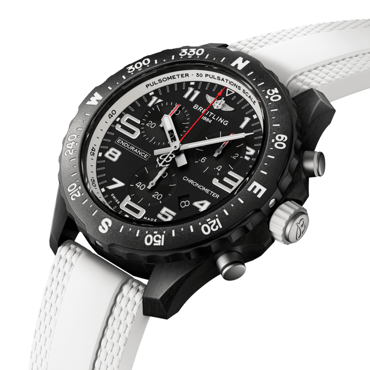Pormenor mostrador preto do relógio 38mm Professional Endurance Pro pulseira silicone branca e caixa preta