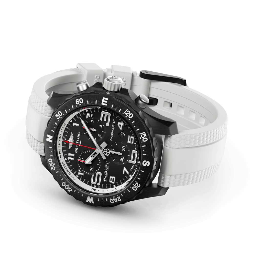 Relógio Professional Endurance Pro 38mm pulseira silicone branca e caixa preta deitado de lado