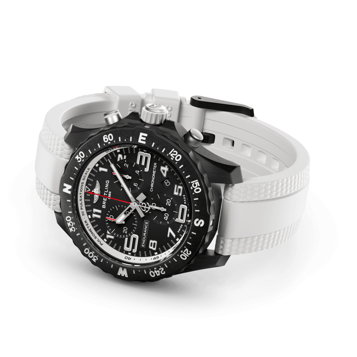 Relógio Professional Endurance Pro 38mm pulseira silicone branca e caixa preta deitado de lado