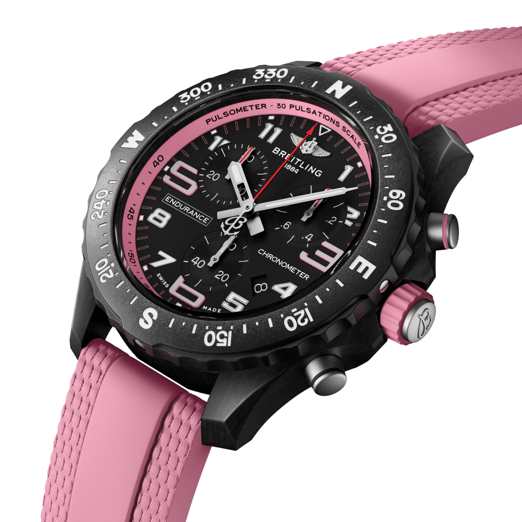 detalhe mostrador preto relógio endurance pro rosa