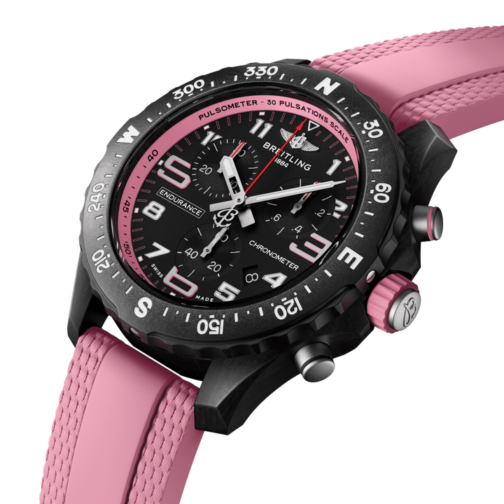 detalhe mostrador preto relógio endurance pro rosa