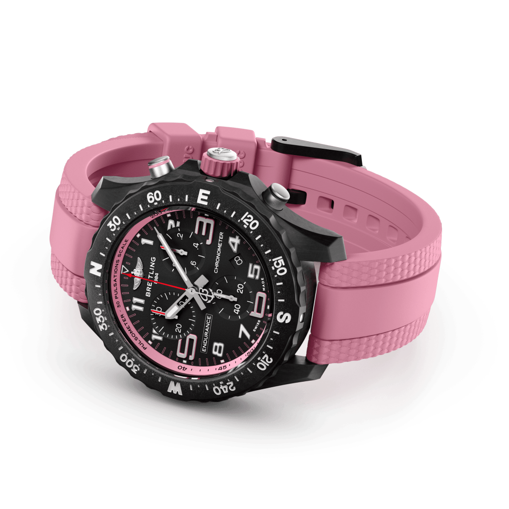 relógio de lado endurance pro pulseira rosa e mostrador preto