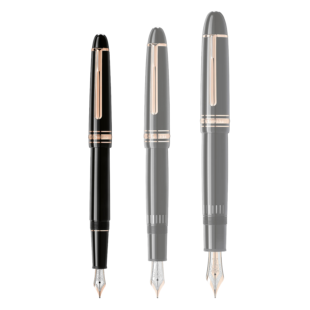 Imagem de uma caneta de tinteiro exibida em quatro vistas diferentes, mostrando a tampa colocada e removida, e o aparo exposto para escrita. A caneta parece ser preta com detalhes em cor prata, e o aparo é feito à mão em ouro 14k com incrustações revestidas a ródio. O aparo tem designs intrincados que indicam sua natureza artesanal. Esta caneta de tinteiro é um exemplo do luxo e da qualidade na arte da escrita manual.