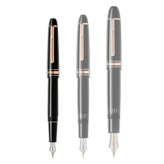 Imagem de uma caneta de tinteiro exibida em quatro vistas diferentes, mostrando a tampa colocada e removida, e o aparo exposto para escrita. A caneta parece ser preta com detalhes em cor prata, e o aparo é feito à mão em ouro 14k com incrustações revestidas a ródio. O aparo tem designs intrincados que indicam sua natureza artesanal. Esta caneta de tinteiro é um exemplo do luxo e da qualidade na arte da escrita manual.