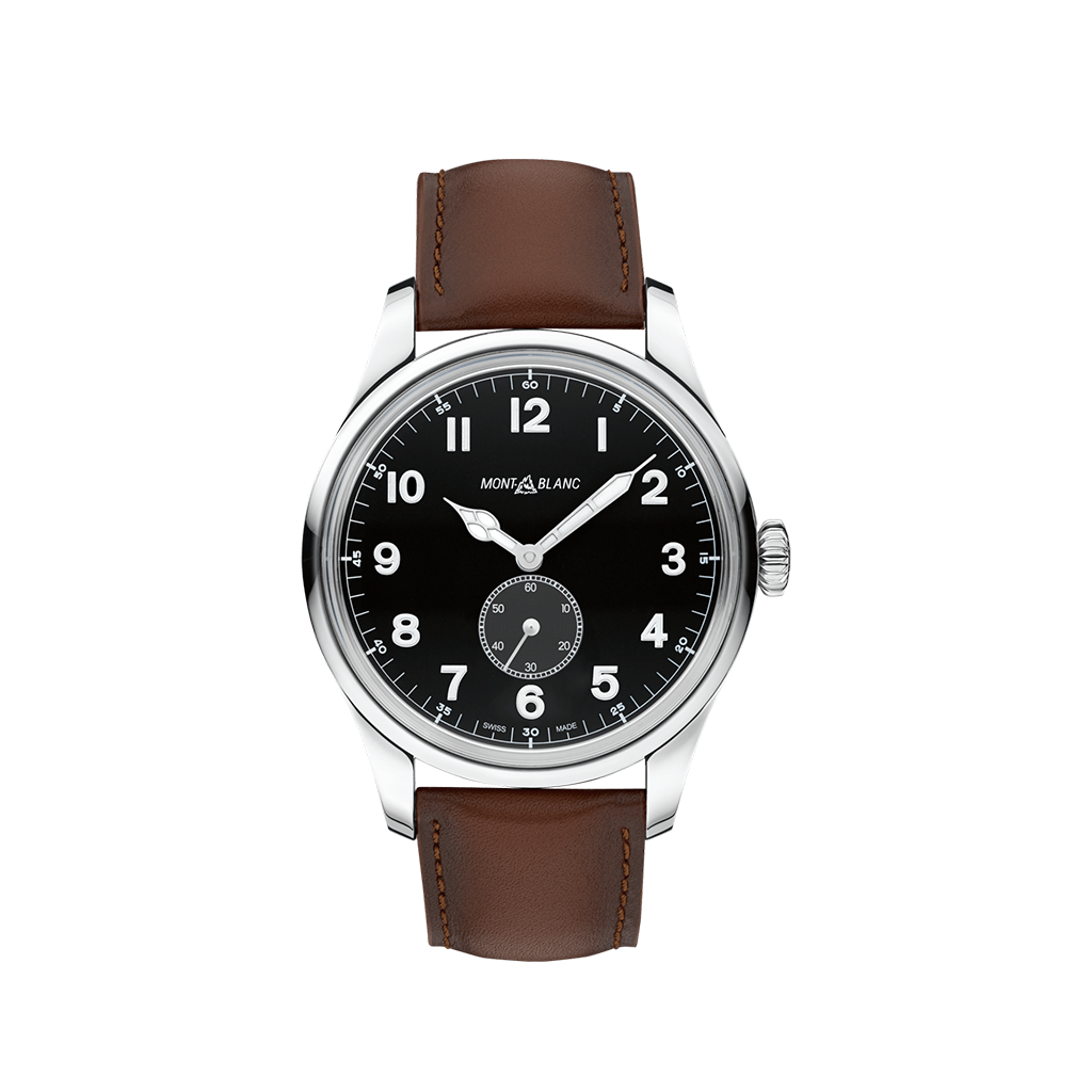 Imagem frontal do relógio MONTBLANC 1858 Automatic Dial 44mmBezel fixo de aço inoxidável. Mostrador preto com ponteiros luminosos em estilo catedral revestidos a ródio e marcadores de horas em algarismos arábicos