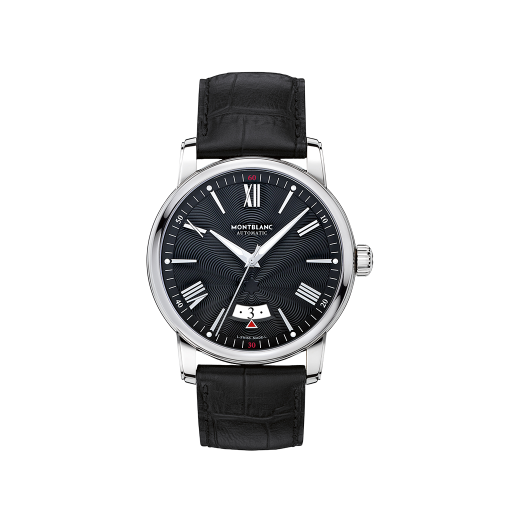 imagem frontal do relógio MONTBLANC 4810 Automatic Dial 42mmCOM Mostrador guilhoché preto com ponteiros banhados a ródio e numeral romano e marcadores de horas de índice.&nbsp;Marcadores de minutos em algarismos arábicos (em intervalos de 10 minutos).&nbsp;Marcadores de minutos em torno da borda exterior.