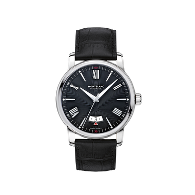 imagem frontal do relógio MONTBLANC 4810 Automatic Dial 42mmCOM Mostrador guilhoché preto com ponteiros banhados a ródio e numeral romano e marcadores de horas de índice.&nbsp;Marcadores de minutos em algarismos arábicos (em intervalos de 10 minutos).&nbsp;Marcadores de minutos em torno da borda exterior.