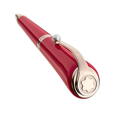 Uma esferográfica de resina elegante com um acabamento brilhante vermelho. A caneta apresenta detalhes em prata, incluindo um design de clipe distinto que se curva para fora e termina com um emblema em forma de estrela na lateral. O design geral é elegante e moderno, sugerindo um instrumento de escrita de luxo.