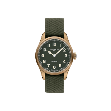 Imagem frontal do relógio Montblanc 1858 Automatic Limited Editioncom mostrador verde cáqui contrasta com os ponteiros históricos luminescentes em forma de catedral com um design “cloisonné” que foram levemente abobadados para um dos melhores acabamentos