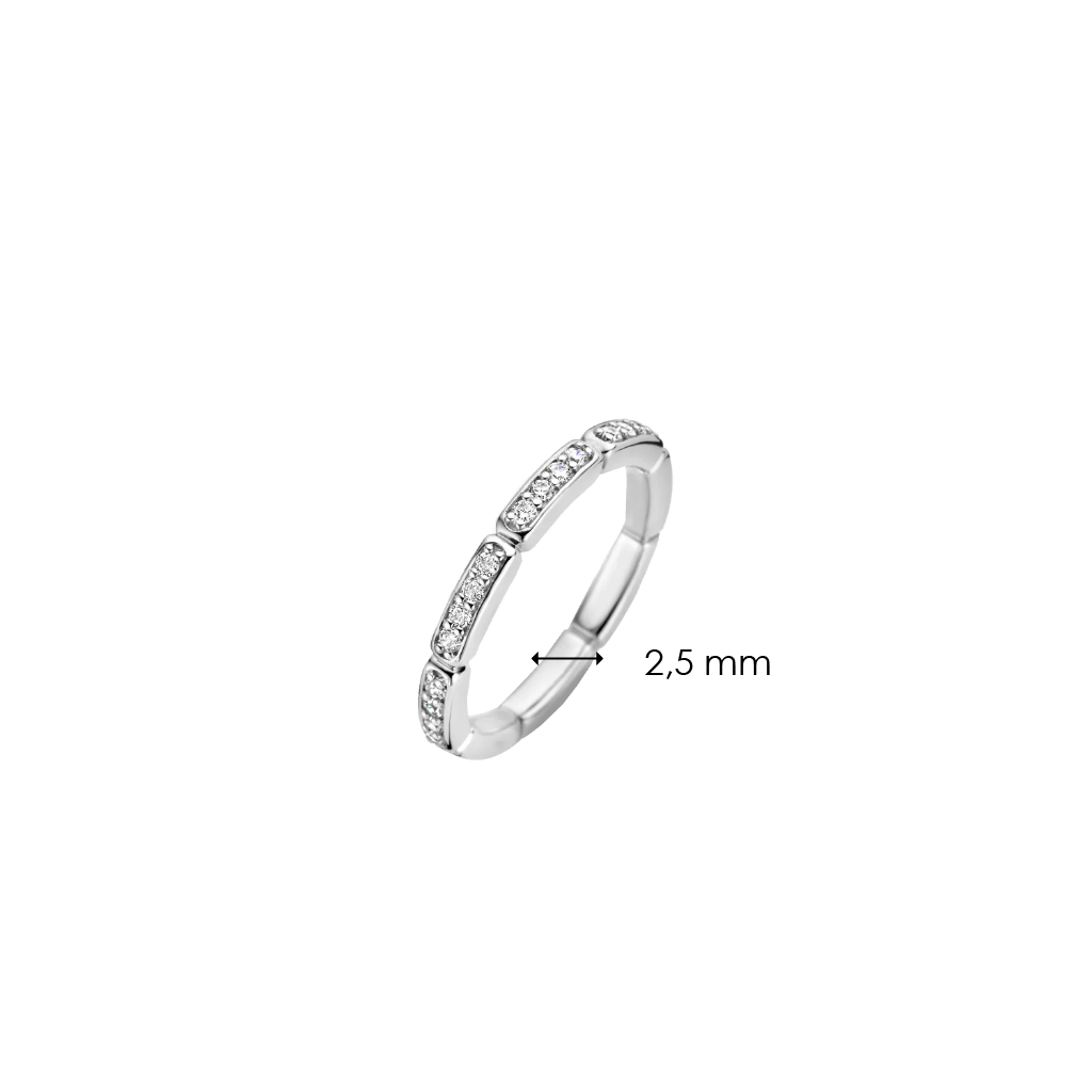 Imagem de um anel de prata banhado a platina, adornado com pedras de zircónia. O anel apresenta uma banda elegante e esbelta com 2,5 mm de largura, destacada pela fileira cintilante de zircónias precisamente dispostas que circundam a banda, oferecendo uma aparência delicada e elegante