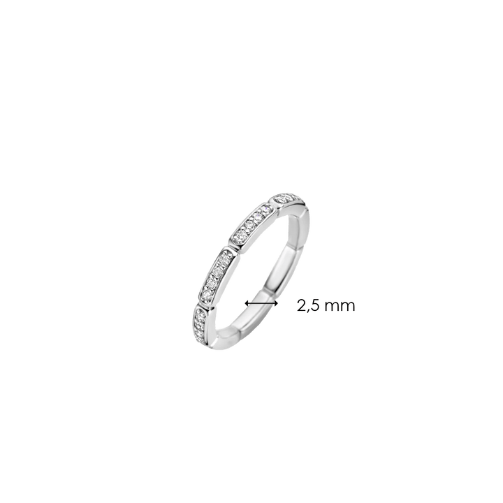 Imagem de um anel de prata banhado a platina, adornado com pedras de zircónia. O anel apresenta uma banda elegante e esbelta com 2,5 mm de largura, destacada pela fileira cintilante de zircónias precisamente dispostas que circundam a banda, oferecendo uma aparência delicada e elegante