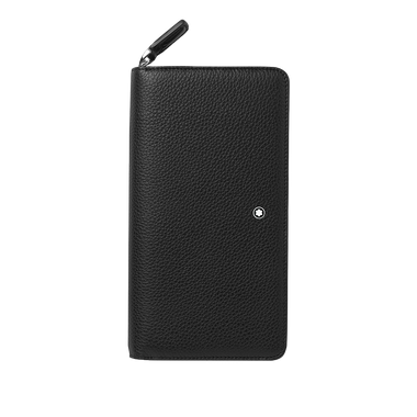 Uma carteira de couro da Montblanc, apresentando um design elegante em preto com uma superfície texturizada. A carteira tem uma orientação vertical e parece estar fechada, com um emblema prateado da Montblanc perto do canto inferior direito. Um puxador de zíper é visível na parte superior, sugerindo um compartimento com zíper para fechamento seguro.