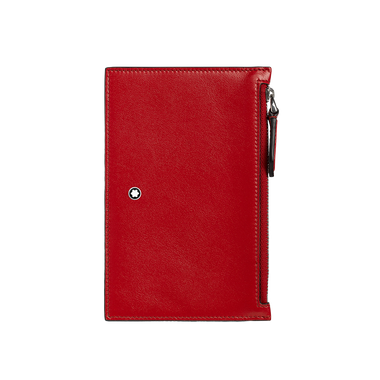 Carteira de couro vermelha da Montblanc com orientação vertical, apresentando um fecho de botão de pressão em tom prateado e um compartimento com zíper lateral. A carteira exibe o emblemático emblema branco da Montblanc perto do canto inferior direito, indicativo do status de luxo da marca. A textura do couro parece lisa e a cor é vibrante, sugerindo material e artesanato de alta qualidade.