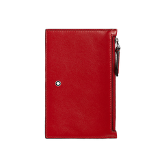 Carteira de couro vermelha da Montblanc com orientação vertical, apresentando um fecho de botão de pressão em tom prateado e um compartimento com zíper lateral. A carteira exibe o emblemático emblema branco da Montblanc perto do canto inferior direito, indicativo do status de luxo da marca. A textura do couro parece lisa e a cor é vibrante, sugerindo material e artesanato de alta qualidade.