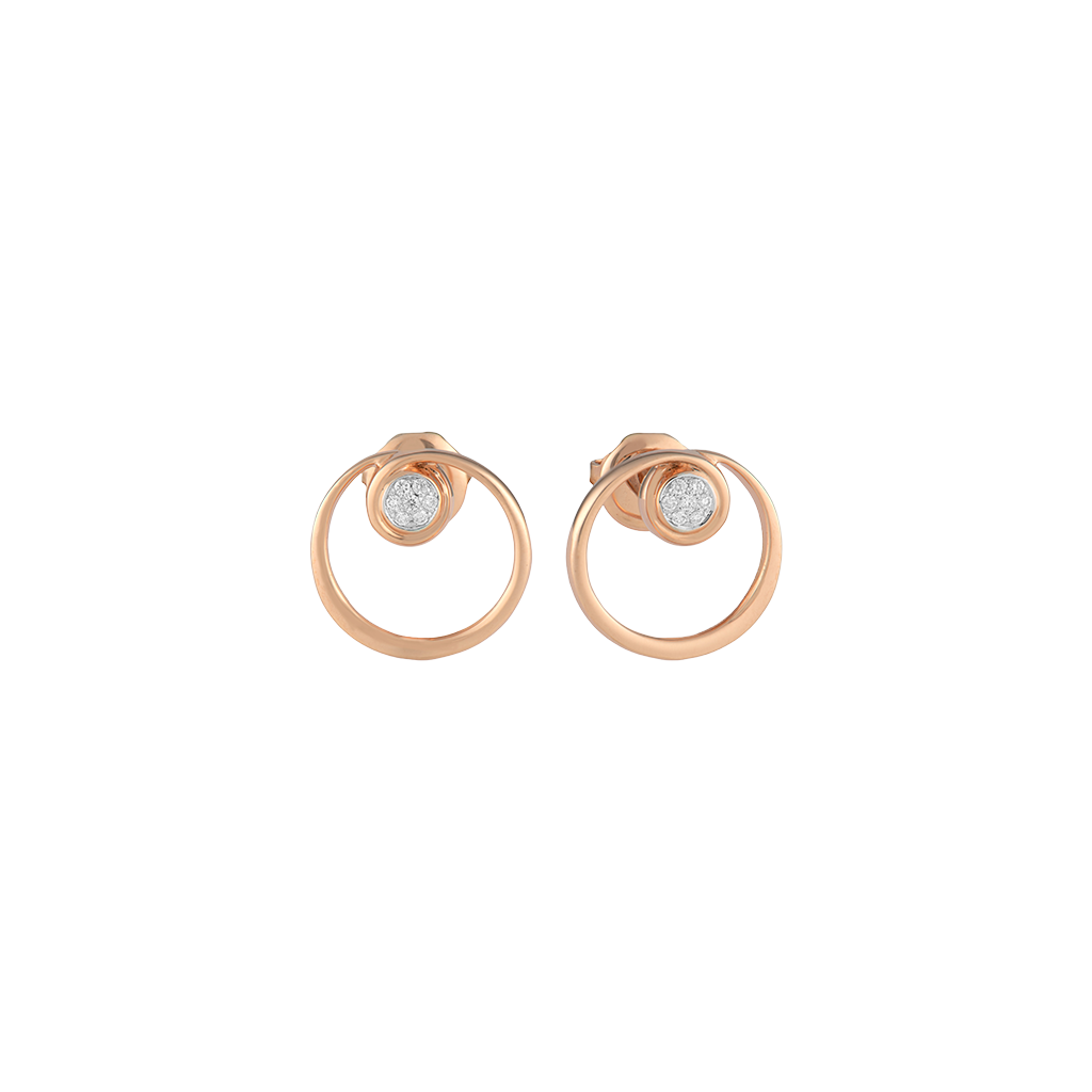 Imagem de um par de brincos em ouro rosa com design circular. Cada brinco consiste em um círculo de ouro rosa que envolve um pequeno diamante central, criando um visual moderno e minimalista. O fecho é do tipo tarraxa, garantindo que os brincos fiquem seguros e confortáveis ao usar.