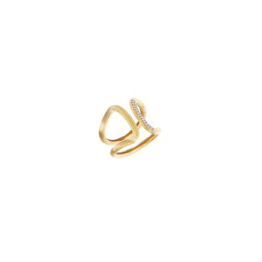 Um anel de ouro com um design único e contemporâneo, exibindo uma estrutura aberta com duas faixas que se entrelaçam. Uma das faixas é lisa, enquanto a outra é adornada com pequenos diamantes, conferindo um toque de sofisticação e brilho à joia. 