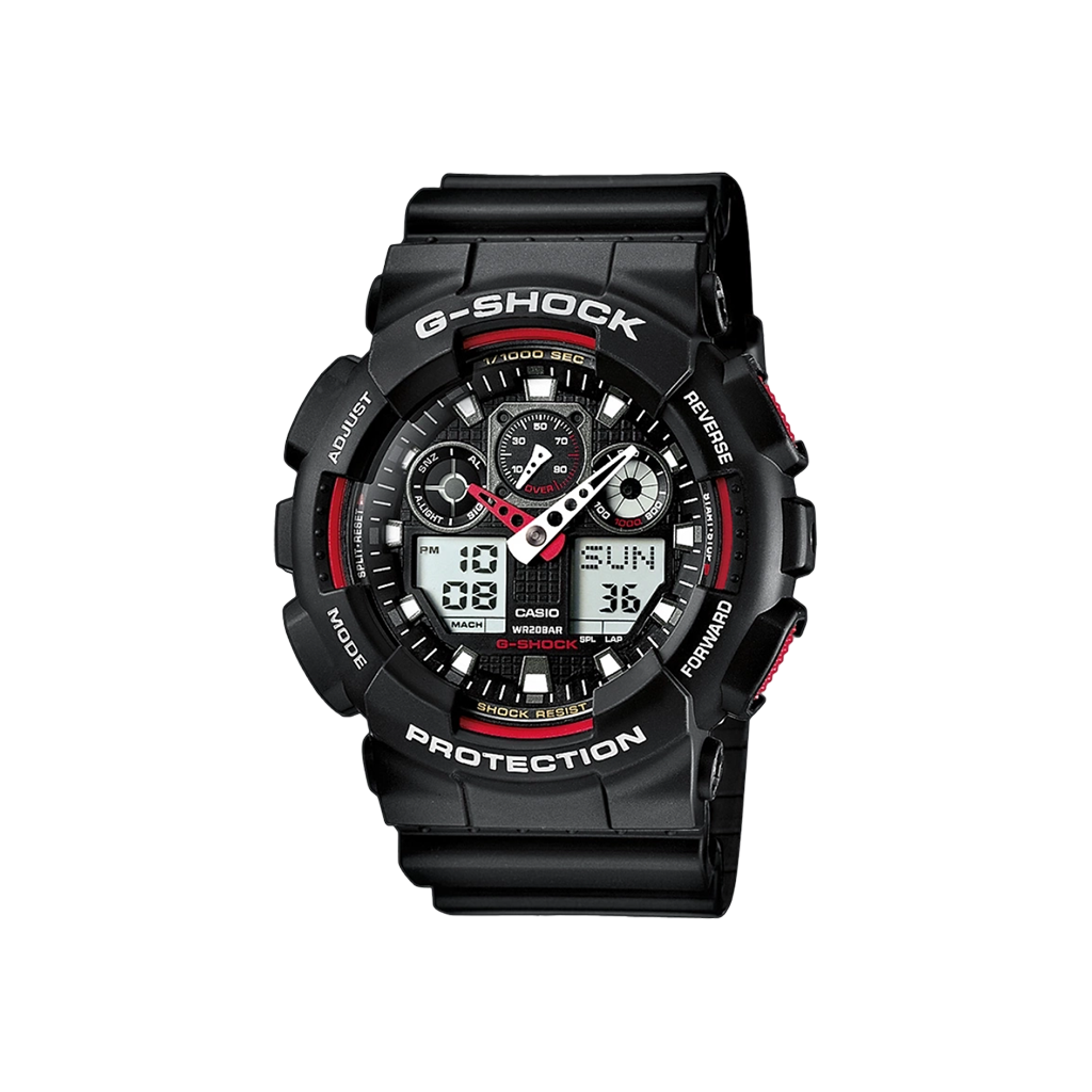 Relógio Casio G-Shock com bracelete e caixa de resina preta, mostrador digital-analógico com detalhes em vermelho. O mostrador inclui múltiplos mostradores e displays para funções como hora, dia da semana e cronómetro. Botões laterais para ajuste de configurações. Design robusto e funcional.