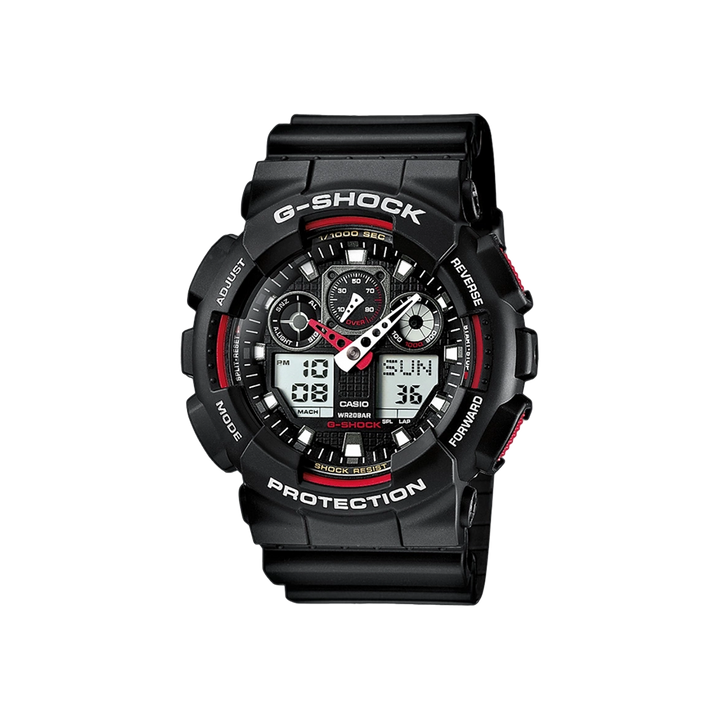 Relógio Casio G-Shock com bracelete e caixa de resina preta, mostrador digital-analógico com detalhes em vermelho. O mostrador inclui múltiplos mostradores e displays para funções como hora, dia da semana e cronómetro. Botões laterais para ajuste de configurações. Design robusto e funcional.