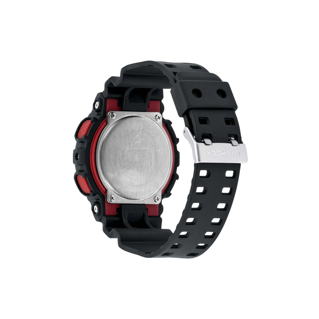 Relógio de pulso com bracelete e caixa de resina preta, design robusto com detalhes em vermelho. O mostrador digital-analógico inclui múltiplos mostradores para funções como hora, dia da semana e cronómetro. Botões laterais para ajuste de configurações. Ideal para um estilo de vida ativo.