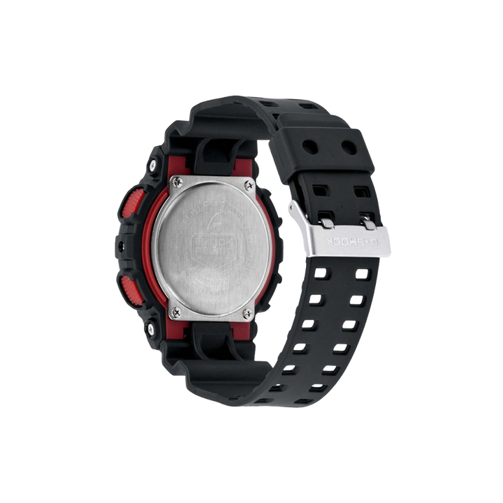 Relógio de pulso com bracelete e caixa de resina preta, design robusto com detalhes em vermelho. O mostrador digital-analógico inclui múltiplos mostradores para funções como hora, dia da semana e cronómetro. Botões laterais para ajuste de configurações. Ideal para um estilo de vida ativo.