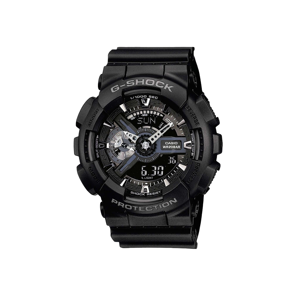 Um relógio de pulso G-Shock preto de resina com mostrador digital-analógico. O relógio possui vários mostradores e indicadores, incluindo função de hora mundial, cronômetro e temporizador de contagem regressiva. A tela digital na parte inferior mostra a hora como 5:30. O design é robusto e esportivo, com resistência a choques e à água até 200 metros, indicado pelo texto ao redor do aro.