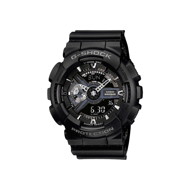 Um relógio de pulso G-Shock preto de resina com mostrador digital-analógico. O relógio possui vários mostradores e indicadores, incluindo função de hora mundial, cronômetro e temporizador de contagem regressiva. A tela digital na parte inferior mostra a hora como 5:30. O design é robusto e esportivo, com resistência a choques e à água até 200 metros, indicado pelo texto ao redor do aro.