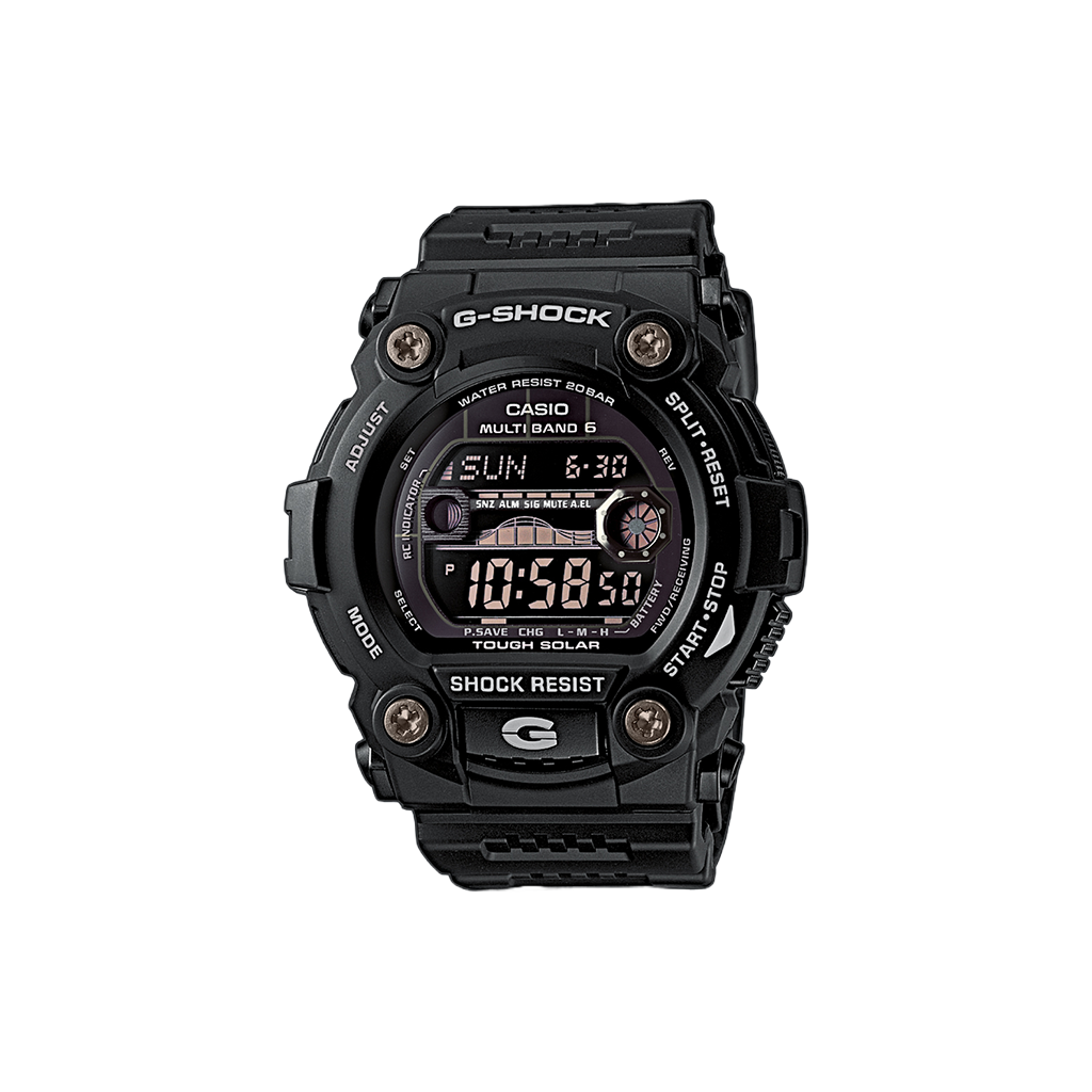Um relógio G-Shock preto de resina com um mostrador digital-analógico. O relógio apresenta múltiplos mostradores e indicadores para várias funções, incluindo hora mundial, cronômetro e alarme. A tela digital mostra a hora como 10:25:50. O design do relógio é robusto, com botões nas laterais e é rotulado como resistente a choques.