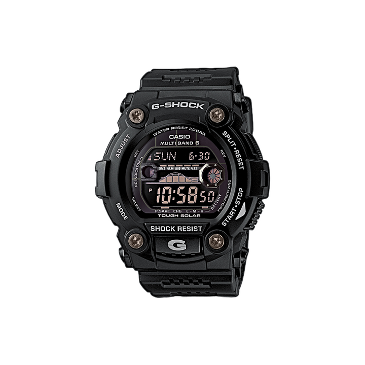 Um relógio G-Shock preto de resina com um mostrador digital-analógico. O relógio apresenta múltiplos mostradores e indicadores para várias funções, incluindo hora mundial, cronômetro e alarme. A tela digital mostra a hora como 10:25:50. O design do relógio é robusto, com botões nas laterais e é rotulado como resistente a choques.