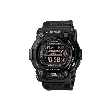 Um relógio G-Shock preto de resina com um mostrador digital-analógico. O relógio apresenta múltiplos mostradores e indicadores para várias funções, incluindo hora mundial, cronômetro e alarme. A tela digital mostra a hora como 10:25:50. O design do relógio é robusto, com botões nas laterais e é rotulado como resistente a choques.