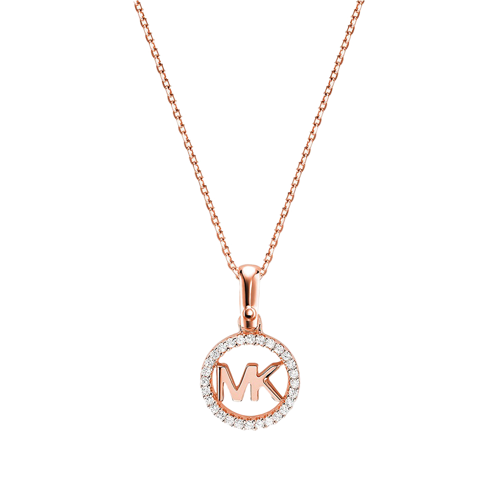 Colar de prata banhada a ouro com um pendente circular apresentando as iniciais ‘MK’ no centro, rodeadas por pequenas pedras de zircónia. O pendente está preso a uma corrente delicada de ouro rosa.