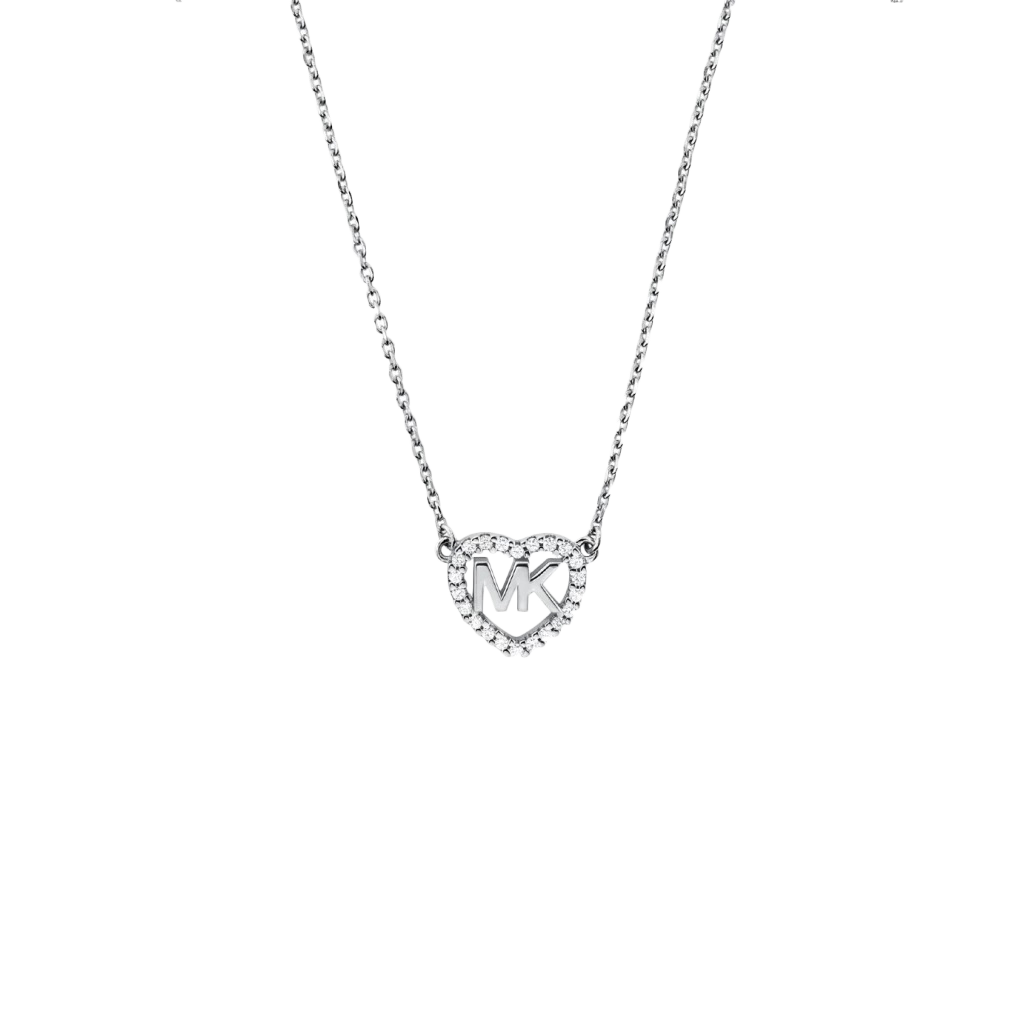 Colar de prata banhada a ródio com pedras de zircónia. O pingente é em forma de coração com as iniciais ‘MK’ no centro, contornado por pequenas e brilhantes pedras de zircónia que adicionam um toque de elegância e brilho. A corrente do colar apresenta um design delicado de elos, complementando os detalhes intrincados do pingente