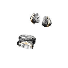 diferentes perspectivas de imagem de anel com 5 aros de acabamentos diferentes: ouro, cravação preta, branca e prata texturada. No interior do anel encontra gravada a frase “Perfectly Imperfect”