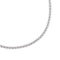 Imagem em close-up de uma corrente de prata Tashi, mostrando os elos interligados individualmente. A corrente tem uma aparência elegante e brilhante, destacando sua natureza metálica. Ela segue uma curva suave sobre um fundo branco simples, evidenciando sua flexibilidade e design suave.