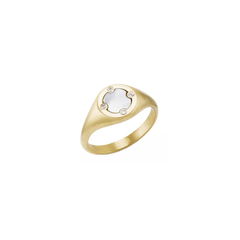 Imagem de um anel de ouro com design simples e elegante, apresentando uma pedra central em madrepérola, rodeada por zircónias incrustadas em uma banda lisa. O fundo é branco puro, destacando o design do anel.