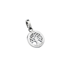 Um charme em aço inoxidável apresentando um design de árvore da vida com as palavras “TREE OF LIFE” inscritas na parte inferior. O charme tem uma forma circular com uma silhueta de árvore vazada no centro e está ligado a um pequeno laço simples para pendurar.