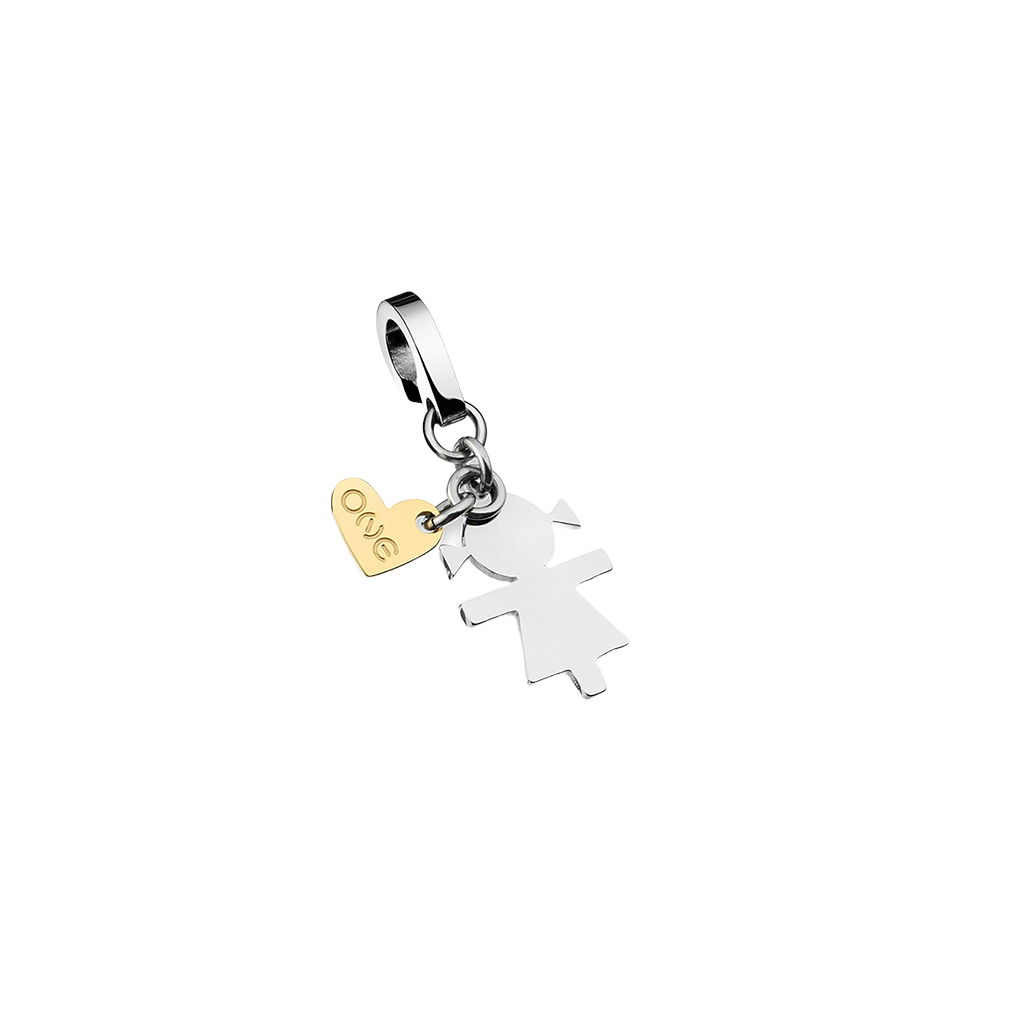 Charme de aço da ONE em forma de menina com um pequeno pingente dourado anexado, gravado com “ONE”