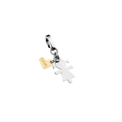 Charme de aço da ONE em forma de menina com um pequeno pingente dourado anexado, gravado com “ONE”