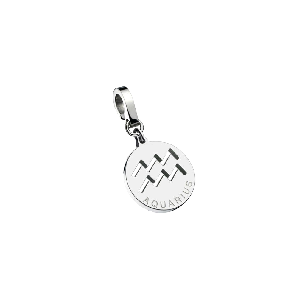 Um charm circular de aço com um símbolo gravado representando o signo do zodíaco de Aquário, consistindo em duas linhas onduladas paralelas. Abaixo do símbolo, a palavra ‘AQUARIUS’ está inscrita em letras maiúsculas. O design do charm é simples, mas elegante, tornando-o um acessório interessante para aqueles que se identificam ou têm afinidade com as características de Aquário.