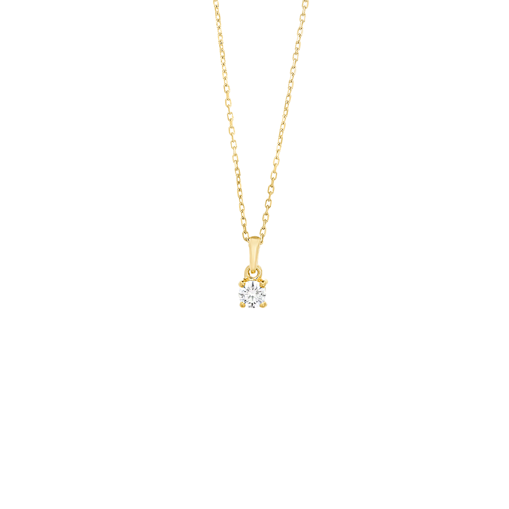 Imagem de um colar de ouro com um pingente que apresenta um único diamante proeminente. A corrente tem elos em forma de oval e a configuração para o diamante também é de ouro, o que complementa a elegância geral da peça. 