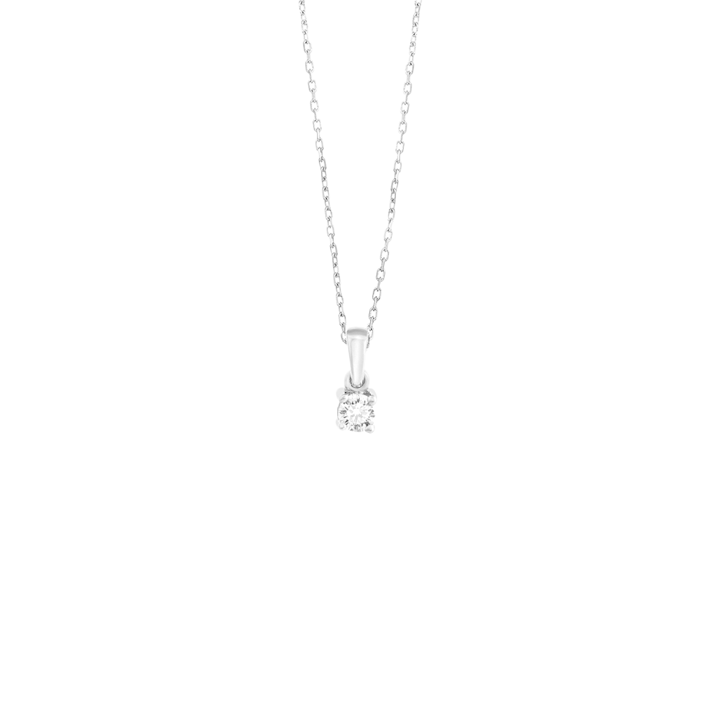Imagem de um colar de ouro delicado com um pingente de diamante único. A corrente é fina e parece ser feita de metal de alta qualidade, provavelmente ouro, com um acabamento polido que lhe dá um brilho sutil. O diamante no centro é de corte redondo, fixado em uma montagem simples, mas elegante, que permite que a pedra seja o ponto focal. O fundo é branco simples, enfatizando a simplicidade e elegância da peça de joalheria