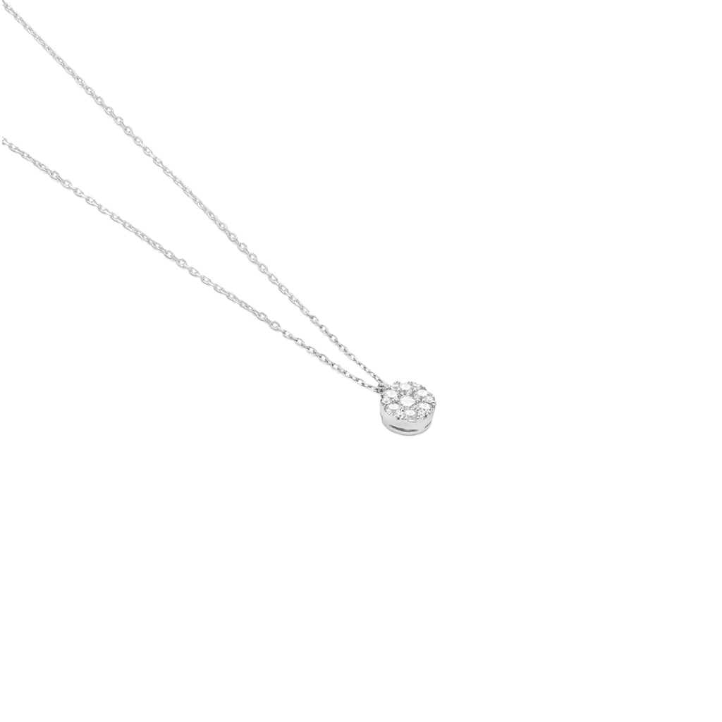 Um delicado colar de ouro com um pendente que apresenta 13 diamantes brilhantes dispostos em um padrão circular, sobre um fundo branco simples. A simplicidade do cenário destaca o brilho dos diamantes e a elegância do design.