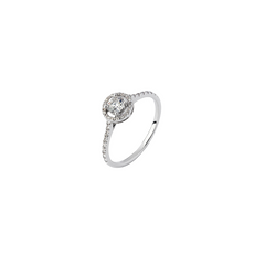 Um anel de ouro branco de 18 quilates (18kt) com um diamante central proeminente, cortado em formato redondo e fixado em uma configuração elevada de quatro garras. A banda do anel é adornada com diamantes menores, dispostos em pavé, que se estendem pela metade de sua circunferência, adicionando brilho e elegância ao design