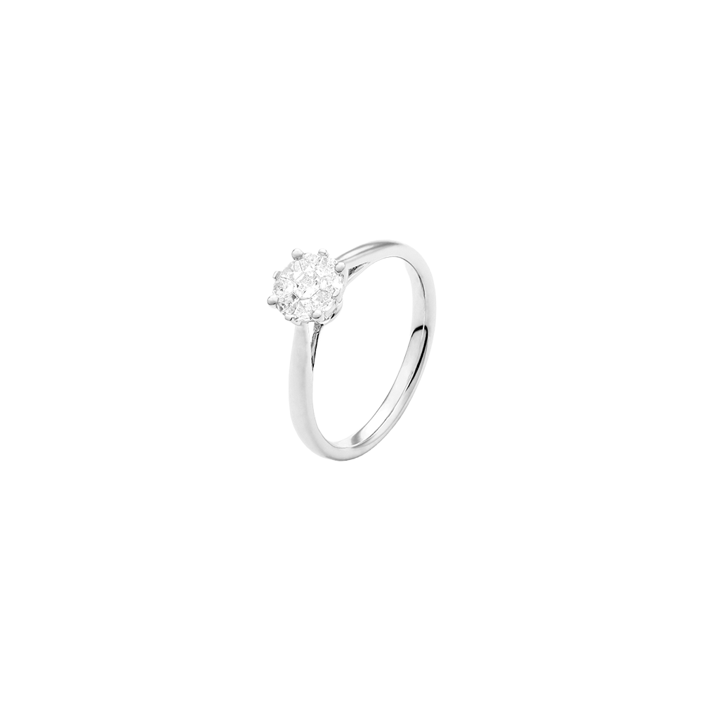 Anel solitário de diamante com um diamante de corte brilhante montado em uma banda de ouro branco polido