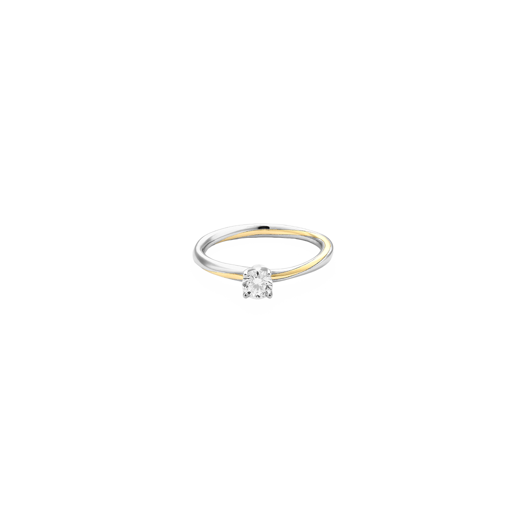 imagem de um anel de diamante solitário deitado com design de banda dividida, combinando ouro branco e ouro amarelo