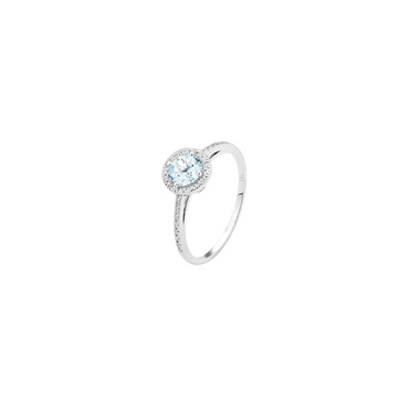 anel de ouro branco com um topázio central de corte redondo ladeado por diamantes menores